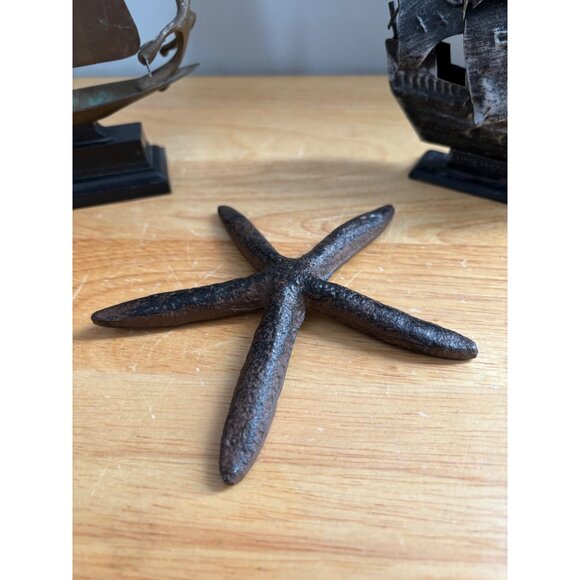 Vintage Nautical Decor Set With Metal Sailboat Pirate Ship & Starfish Sculpture - Picture 4 of 5